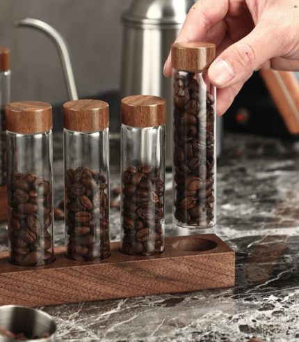 Coffee Beans Storage Tubes | Single Dose Glass Vials with Wooden Display Rack | Glass Tube Container Set | Keeps Coffee Beans Fresh